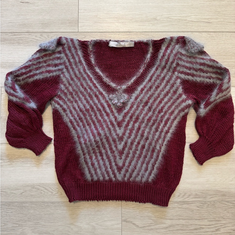 AMALI Womens Angora Striped Sweater Small Burgundy Knit Puff Sleeve Cozy Luxury